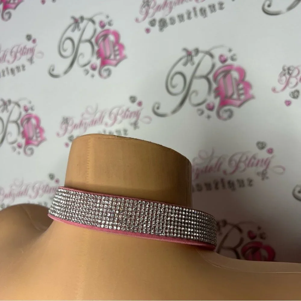 Bling collar rhinestone diamonds animal dog necklace collar choker suede pink